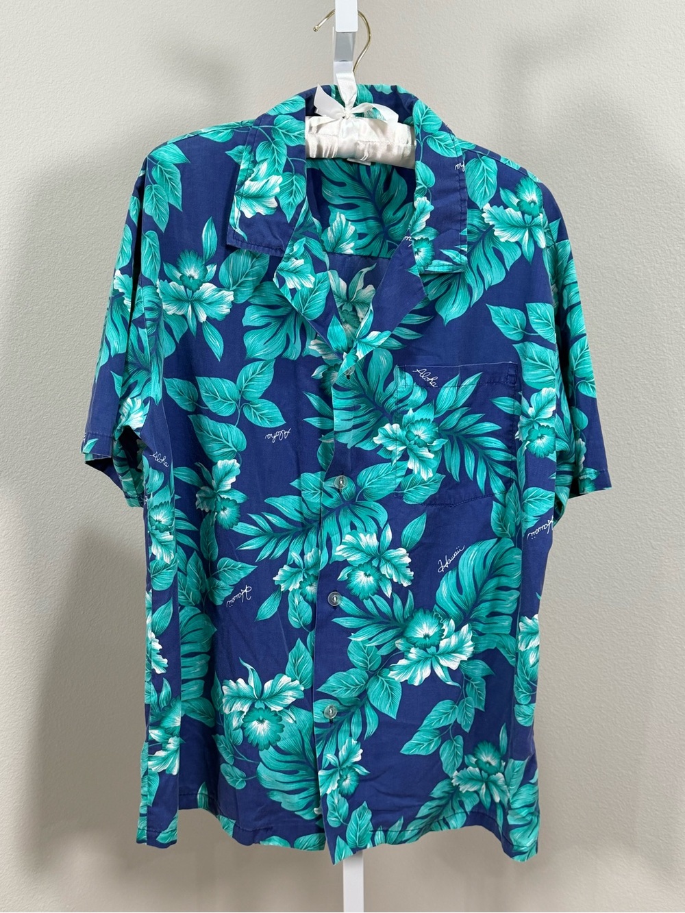 Vintage Made in Hawaii Hawaiian Shirt Large L Blue Teal Floral Aloha Camp